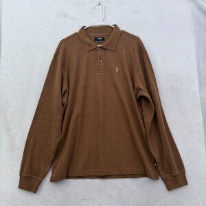 Stussy Polo Shirt Mens M Brown Long Sleeve Heavyweight Stretch Embroiderd Logo